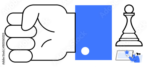 Clenched fist alongside a chess pawn and individual reviewing a document. Ideal for leadership, strategy, authority, planning, responsibility, empowerment, decision-making. A simple flat metaphor