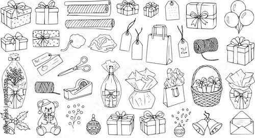 Hand-Drawn Gift Wrapping and Holiday Celebration Doodle Set. Sketch Collection of Presents, Ribbons, Tags, Decorations, and Seasonal Items for Christmas and Special Occasions.