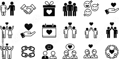 Friendship and relationship icons set, love heart symbols, community partnership vector, care connection signs, handshake unity collection.