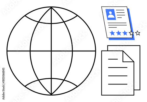 Globe icon beside professional resume featuring profile and ratings. Documents highlight data sharing, recruitment, and evaluation. Ideal for HR, hiring, networking, globalization, and collaborative