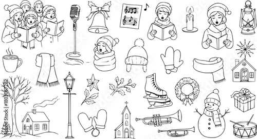Hand-Drawn Christmas and Winter Doodle Icon Set with Carolers, Snowman, Ice Skates, Lanterns, Houses, and Holiday Decorations