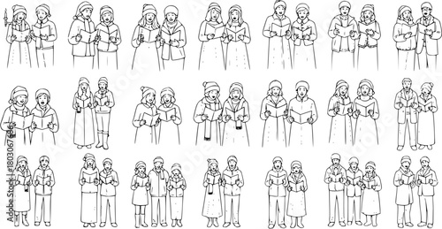 Collection of diverse Christmas carolers and singing groups in simple outline line art. Vector illustrations of people enjoying holiday music and traditions.