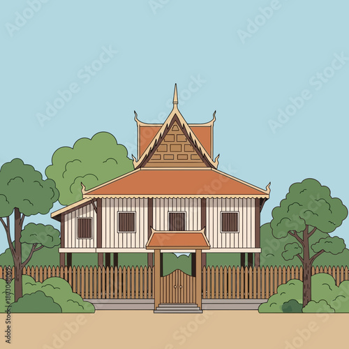 Cartoon illustration of a traditional asian house surrounded by nature