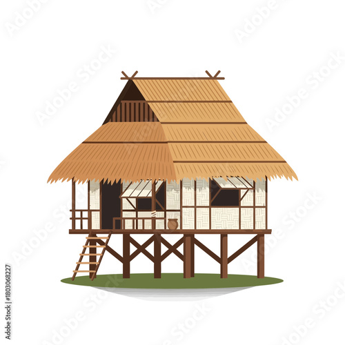 Elevated traditional stilt house with thatched roof and woven bamboo walls