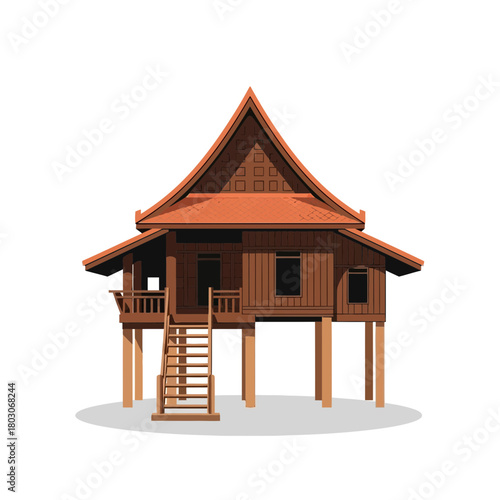 Elevated traditional tropical home illustration with distinct architectural features