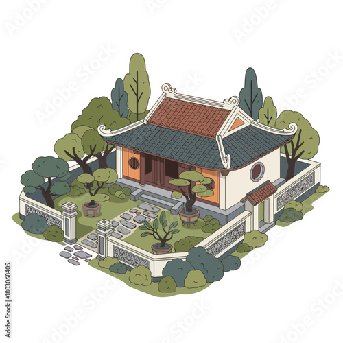 Isometric Illustration of a Traditional Asian House with Lush Garden