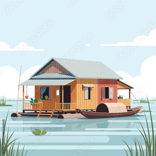 Serene Floating Home with Traditional Boat on Calm Waters Illustration