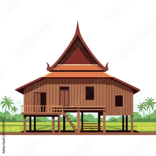 Stylized depiction of a traditional Southeast Asian wooden stilt house