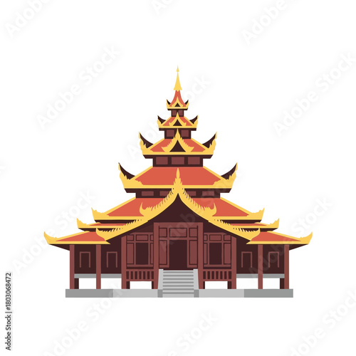 Stylized depiction of an Asian pagoda with intricate tiered roofing