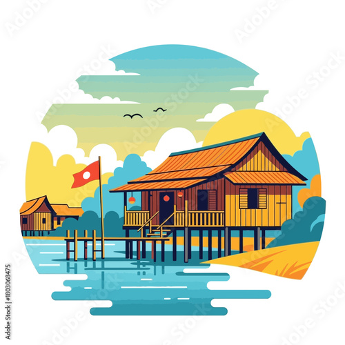 Stylized depiction of traditional stilt houses over water with vibrant sky