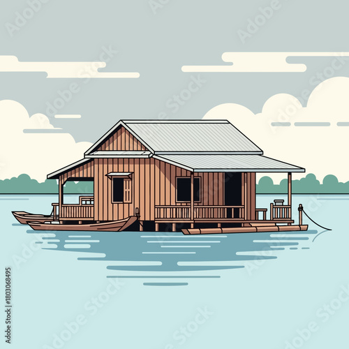 Stylized floating home illustration on water with boat and landscape
