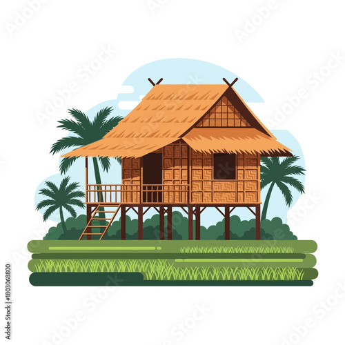 Traditional thatched dwelling in the tropics with stylized vegetation scene