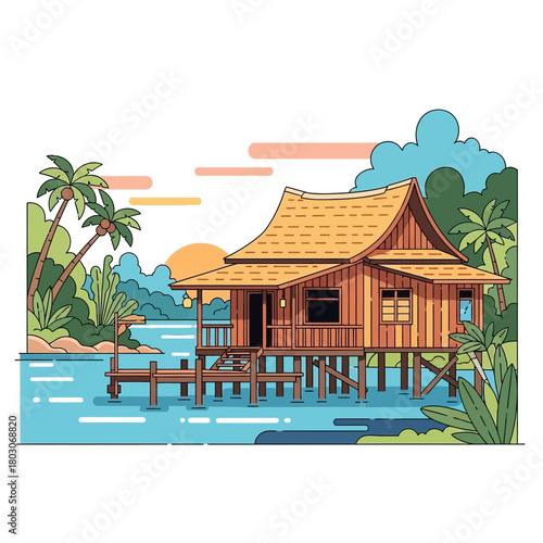 Traditional wooden house on stilts in a tropical coastal landscape