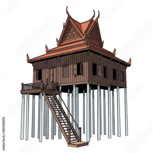 Traditional wooden house on stilts, showcasing architectural elegance