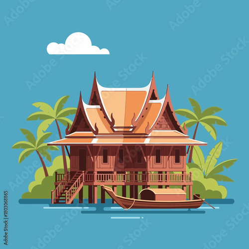Tranquil thai stilt house by riverside landscape vector illustration