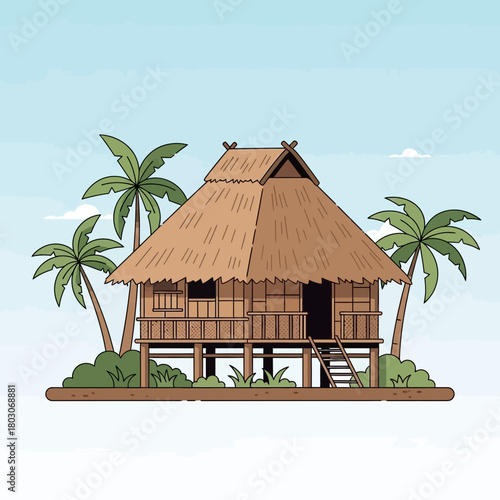Tropical Stilt House with Palm Trees Illustration Against a Pastel Sky