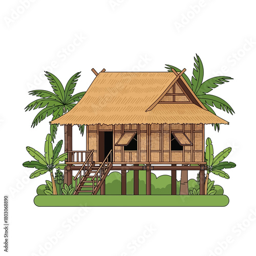 Tropical stilt house illustration with thatched roof and palm trees view