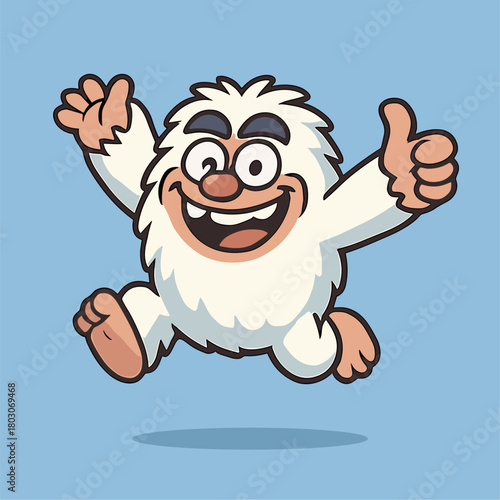 Joyful Bigfoot mascot jumps in the air
