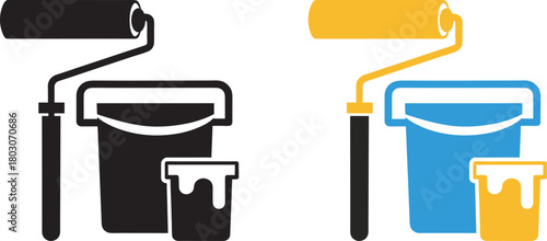 bucket with paint roller icon silhouette