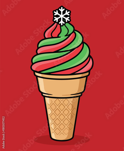Festive Christmas Ice Cream Cone with Snowflake Topper, a Winter Holiday Dessert or Sweet Treat Illustration