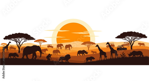 African Safari Sunset Silhouette - Wild Animals & Landscape Vector