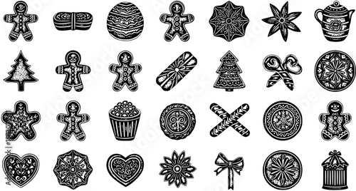 Whimsical Christmas Cookies and Ornaments - Black and White Linocut Illustrations