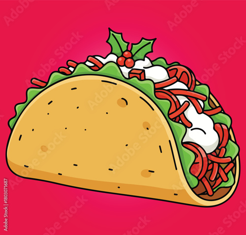 Festive Christmas Taco Illustration with Holly, a Fun Holiday Mexican Food Cartoon or Vector Isolated on White