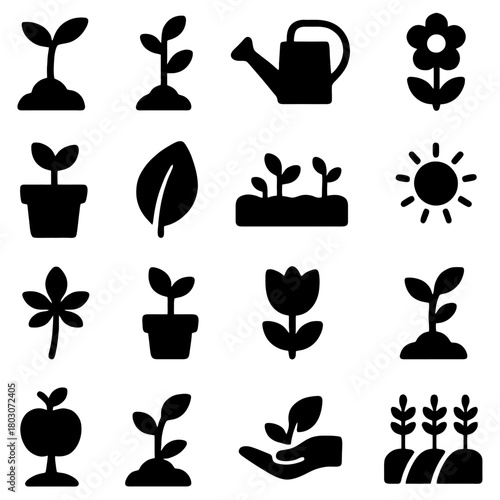 Growing Green: A set of elegant black silhouettes illustrating the process of growth, from small sprouts to blooming plants, and elements of gardening. 