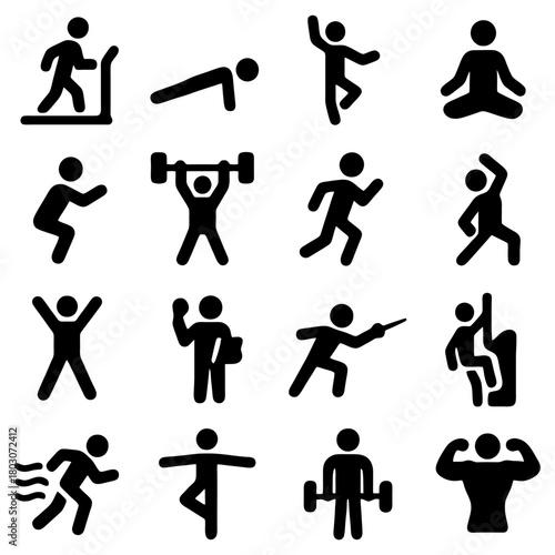 Fitness Icon Collection: Dynamic set of stylized fitness icons, illustrating diverse exercise routines, yoga poses, and athletic activities, perfect for fitness concepts.