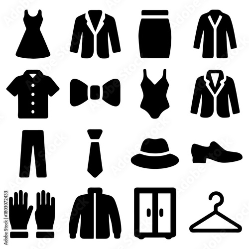 Fashion Icon Collection: This comprehensive compilation features essential apparel items as silhouetted icons, offering a stylish visual resource for design and presentation.