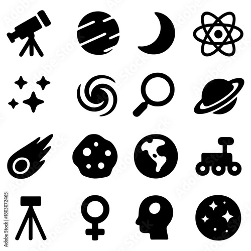 Cosmic Exploration: A captivating arrangement of symbols representing the vast cosmos, from celestial bodies to the tools used to study them, suggesting exploration and discovery.