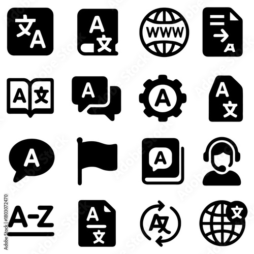 Language Icons: A collection of diverse and easily recognizable icons, each symbolizing different aspects of communication, translation, and global access.