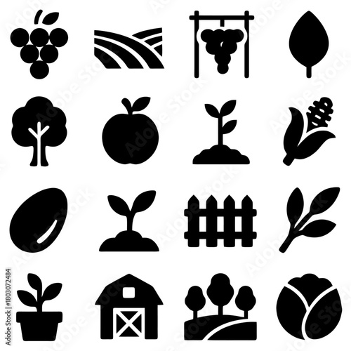 Farming and agriculture icon set: A collection of various agriculture-related icons, offering a comprehensive representation of elements