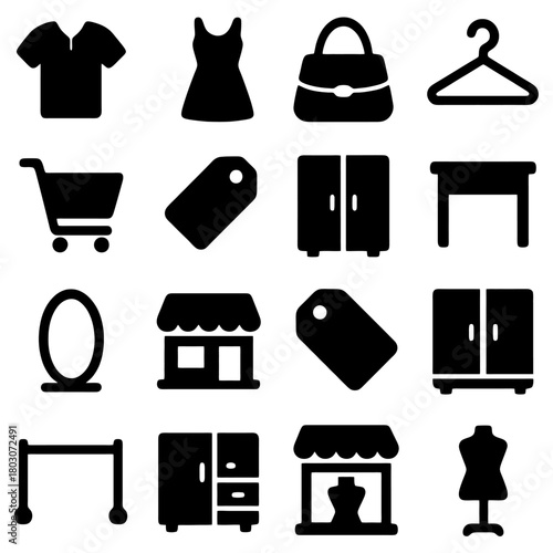 Fashion Icon Array: A collection of meticulously crafted, bold, silhouette icons, each representing a facet of the fashion world, ready for your use.