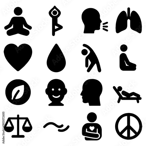 Wellness and Mindfulness Icons: A collection of simple, elegant icons representing aspects of wellness, self-care, and mindfulness. These minimalist designs are perfect for use in health, yoga.