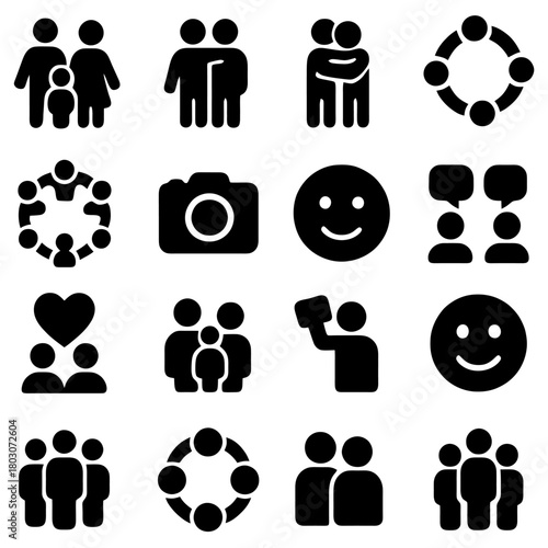 Social Interaction Icons: A collection of icons depicting various social interactions, representing unity, relationships, and the essence of human connection.