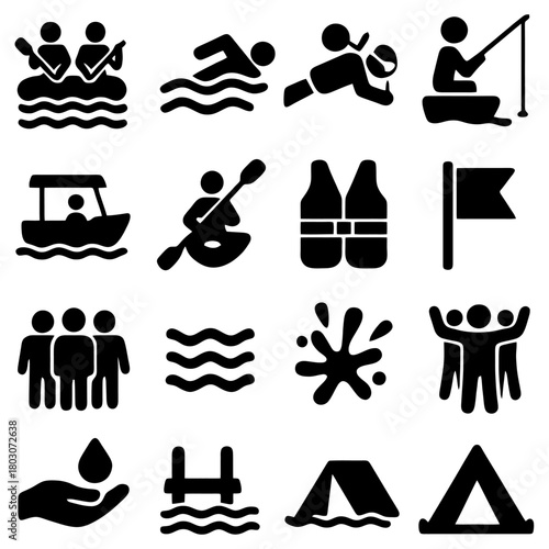 Water Adventures Icons: A collection of illustrative icons showcasing various water activities, symbolizing the joy and thrill of aquatic recreation. 
