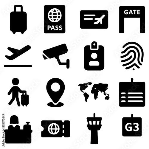 Travel and Airport Icon Set: A comprehensive collection of iconic symbols representing the essence of travel, from passport and boarding pass to airport gate and baggage handling.