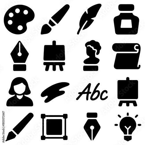 Artistic Icons: A collection of black icons representing essential tools and symbols in the art world, conveying creativity and design.