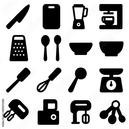 Essential Kitchen Toolkit: A graphic illustration showcasing a collection of essential kitchen tools, providing a versatile resource for culinary and cooking. 