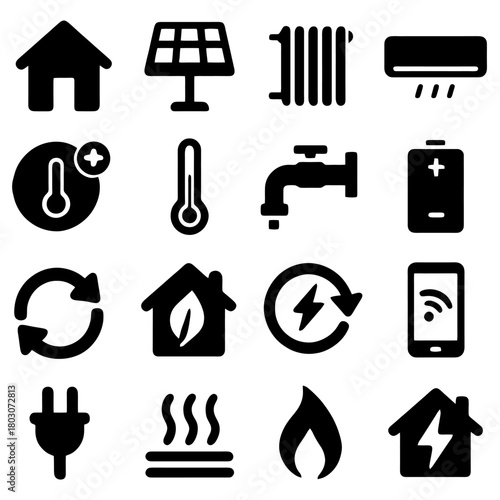 Sustainable Energy Icons: A collection of black icons representing renewable energy sources and eco-friendly technologies.