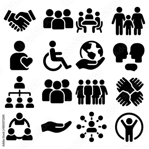 Community Icons: A collection of various icons depicting community, illustrating diverse aspects of social interaction and interconnectedness