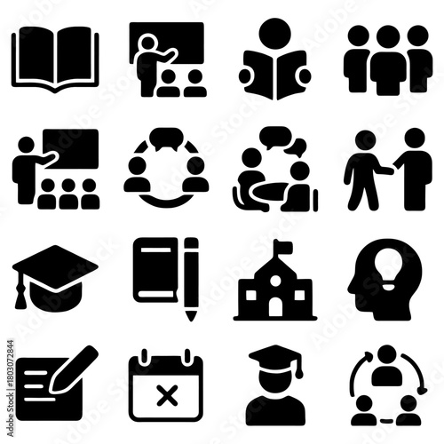 Education Icons: A collection of educational icons, each representing facets of learning, from reading a book to group discussion, to the ultimate of graduation.
