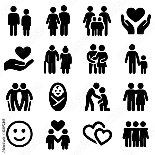 Diverse Family Icon Set: A collection of various family icon illustrations, capturing the essence of togetherness, love, and support, ideal for graphic resources. 