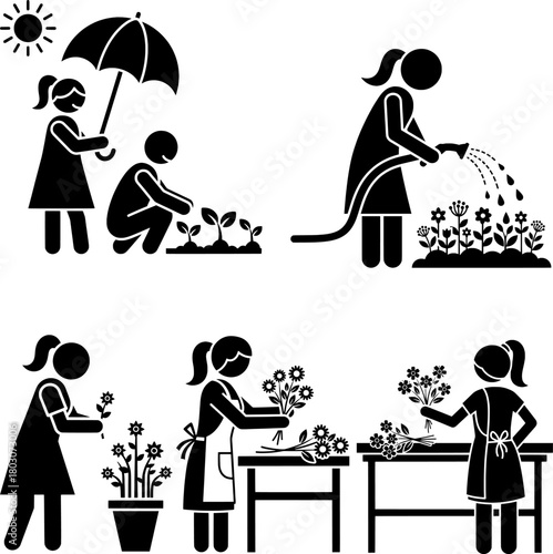 Women Gardening, Planting, and Floristry Pictogram Icon Set