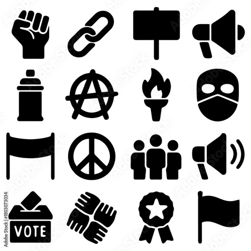 Symbols of Defiance and Justice: An assortment of iconic symbols, boldly depicted, representing protest, unity, and the pursuit of freedom and democracy. 