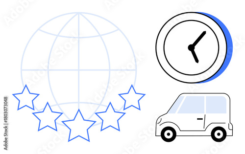 Globe with five stars, clock, and car representing global quality, reliability, punctuality, travel, customer service. Ideal for logistics, time management transport international trade business