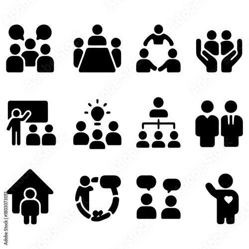 Illustrative Emblems of Collective Unity and Collaboration: A collection of symbolic pictograms encapsulates the core of teamwork, presenting a visual narrative of togetherness, shared objectives.