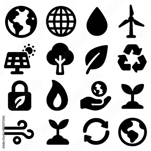 Environmental Icon Set: A comprehensive collection of meticulously designed icons representing environmental conservation, sustainability, and eco-friendly practices.