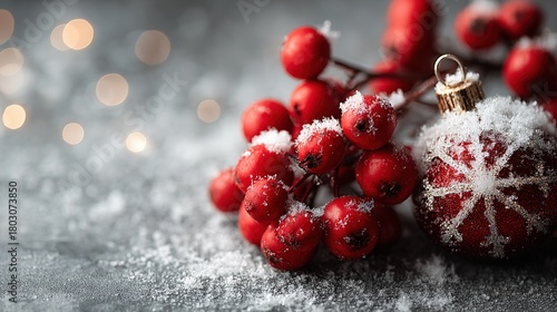 Void white snow scene: iso-arranged berries + mega copy-space for December calendar, NFT winter card, beauty holiday ad, pep greeting
